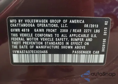 2014 Volkswagen Passat 1.8T S из США, поврежденный, VIN 1VWAS7A37EC023455